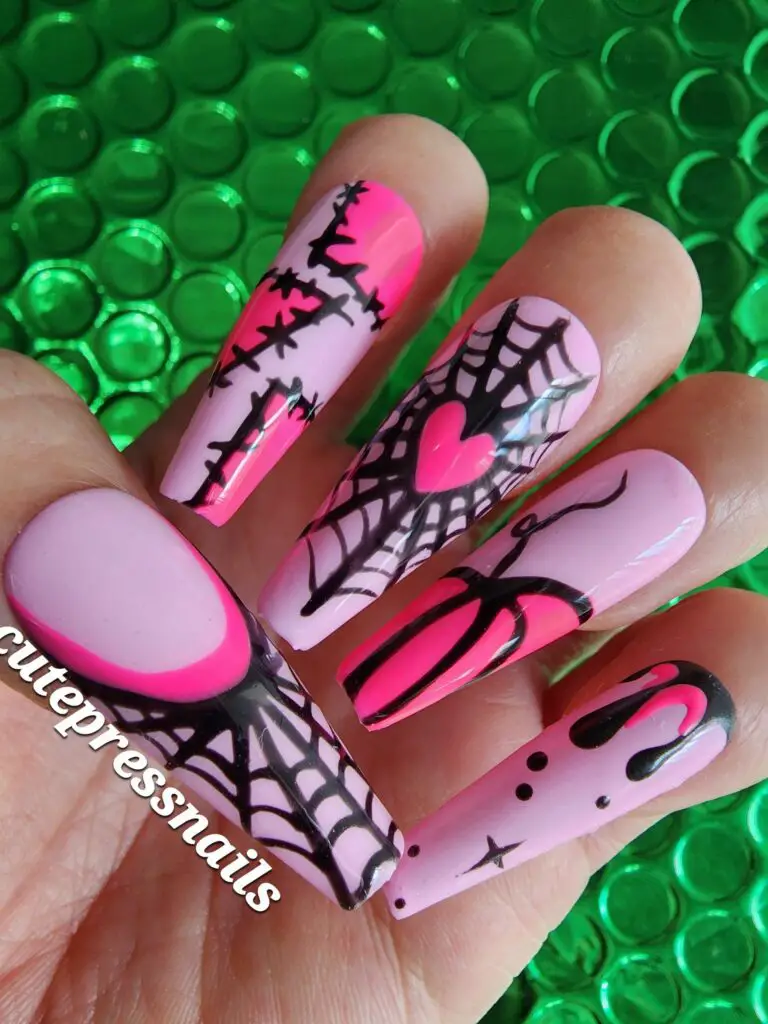 Halloween Pink Spider Web Press On Nails _ Pumpkin Press On Nails _ Party Hand Painted Nail Set _ Halloween Nails _ Falls Nails