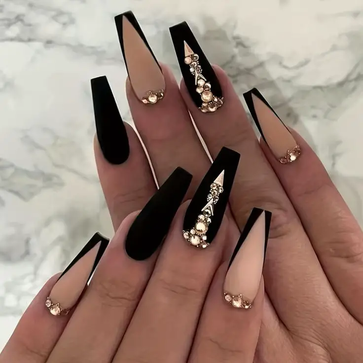 Black & Gold Rhinestone Coffin Nail Art