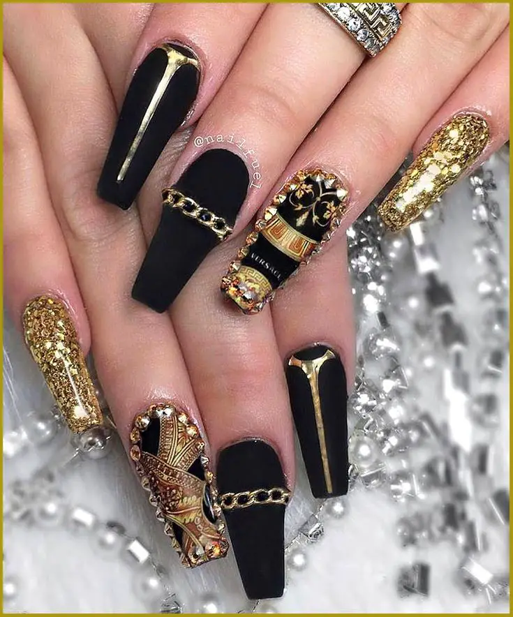 black and gold embroidery nail designs