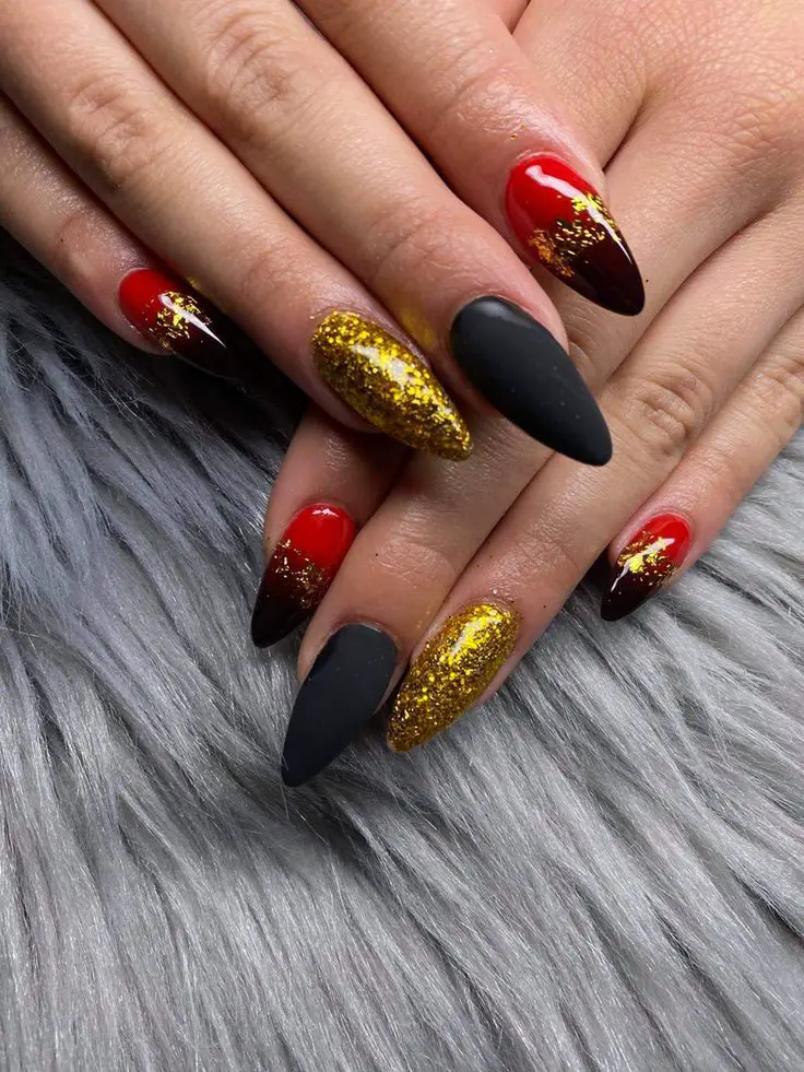 Gel nails , black, red and gold | Red and gold nails, Gold nails, Gold nails  wedding