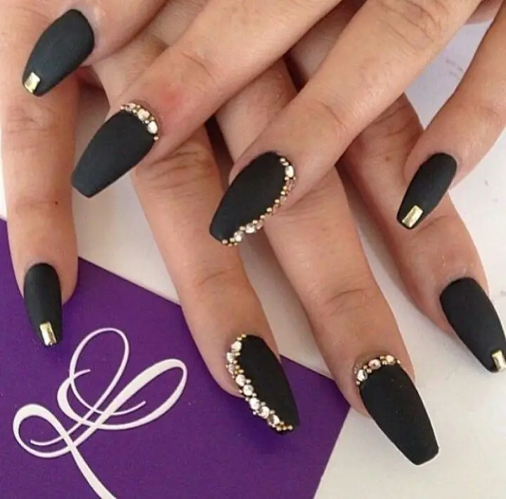 Black, gold, rhinestones, simple, short nails
