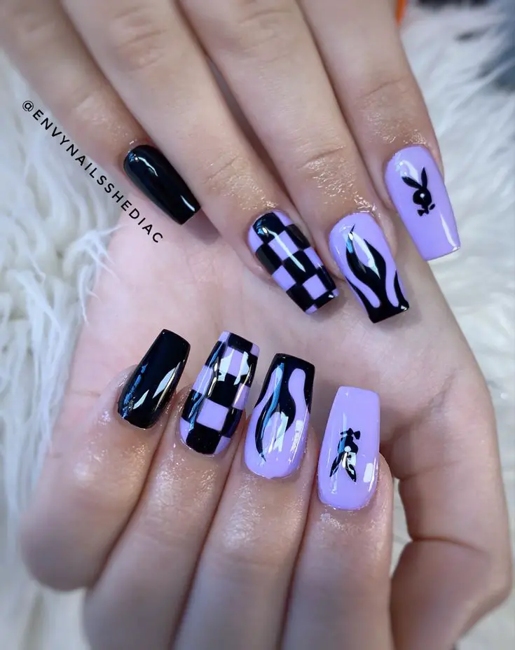 Black and Purple Acrylic Nail Design