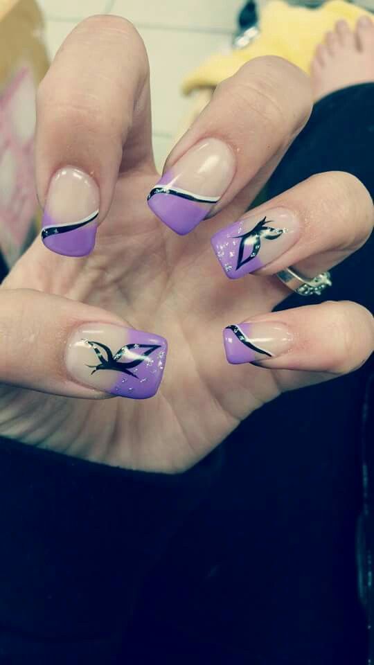 Black and Purple Nails with Butterflies