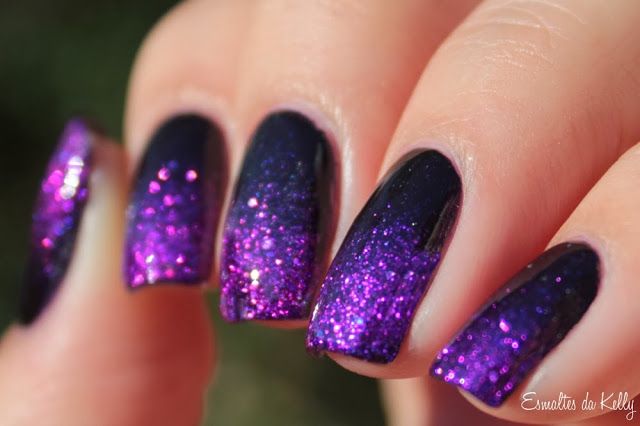 Black and Purple Nails with Glitter
