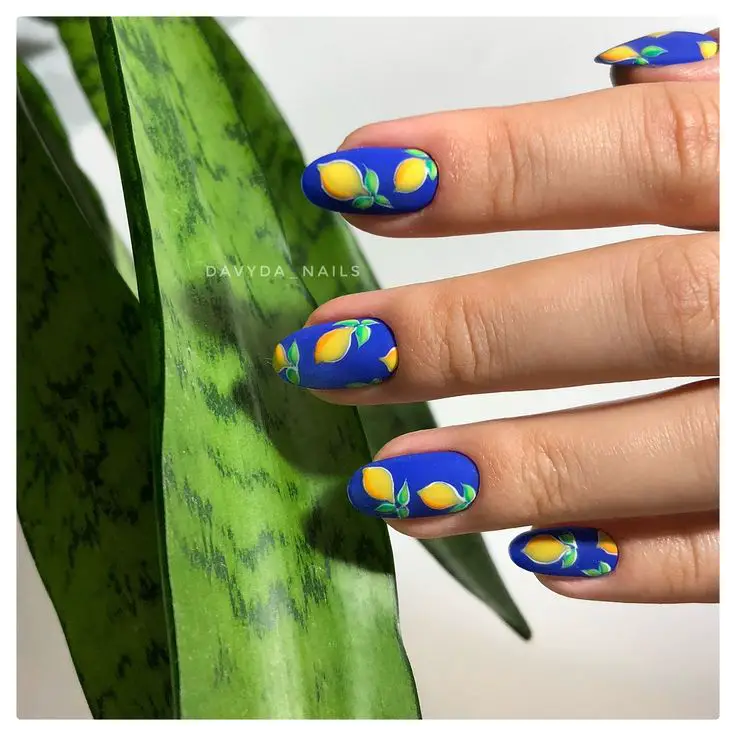Blue Nails with Yellow Lemons Design