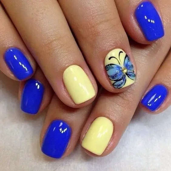 Blue and Yellow Nails with Butterflies