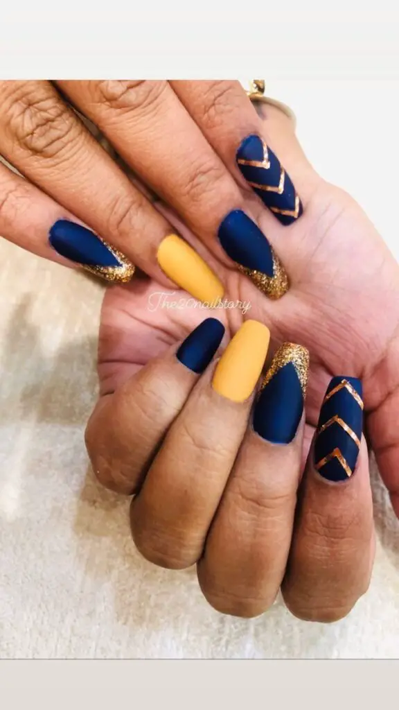 Blue and Yellow Nails with Glitter