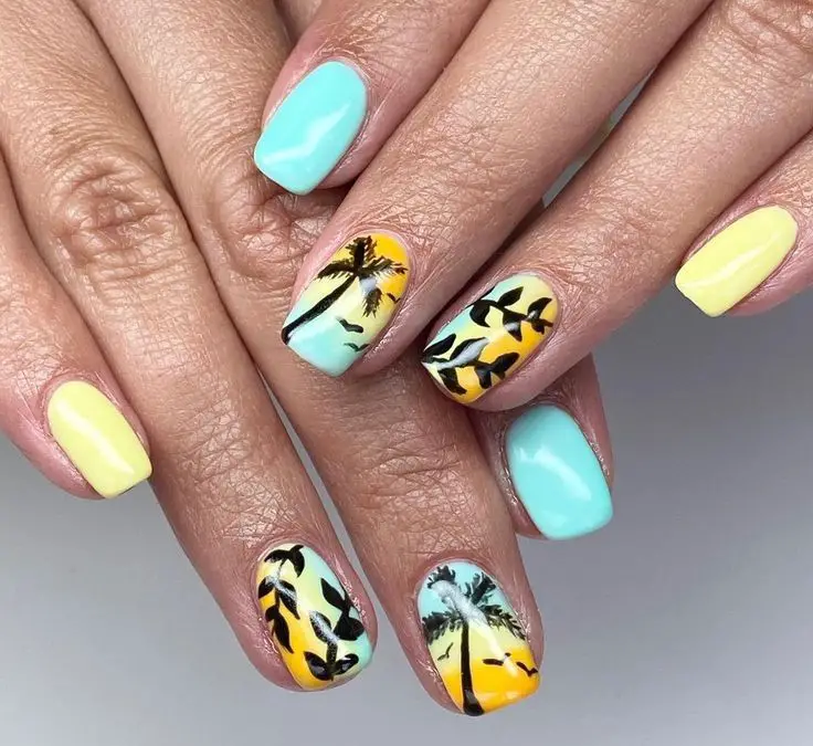 Blue and Yellow Palm Trees Nails