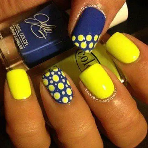 Blue and Yellow Polka Dots Nails