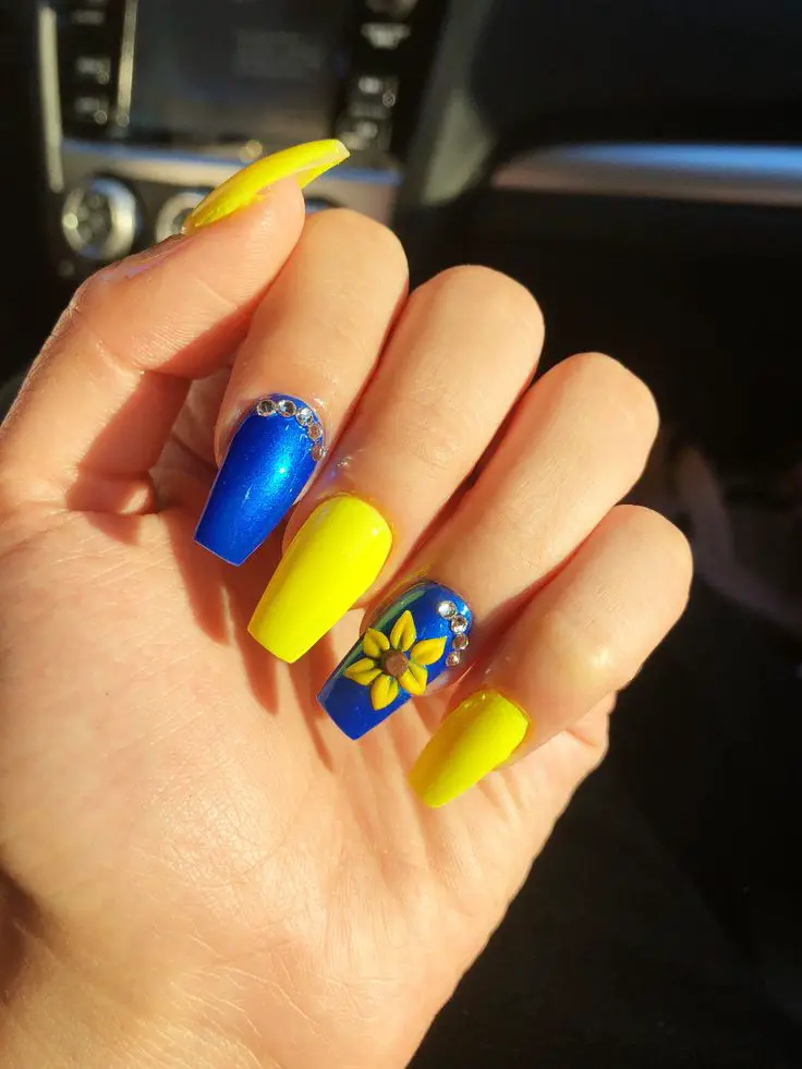 Blue and Yellow Sunflower Nails