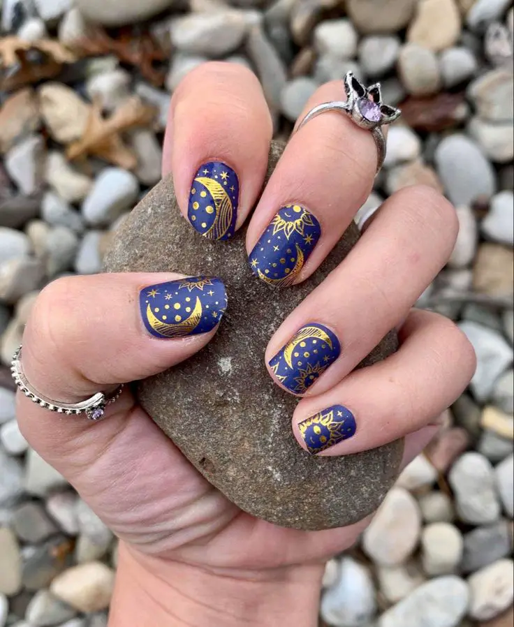 Yellow Nails with Blue Starry Accents