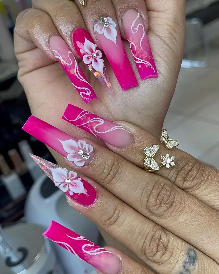 Floral Hot Pink Nails With Diamonds