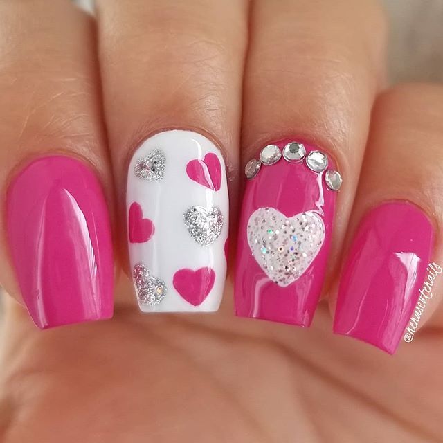 Heart Shape Pink and Diamond Nails