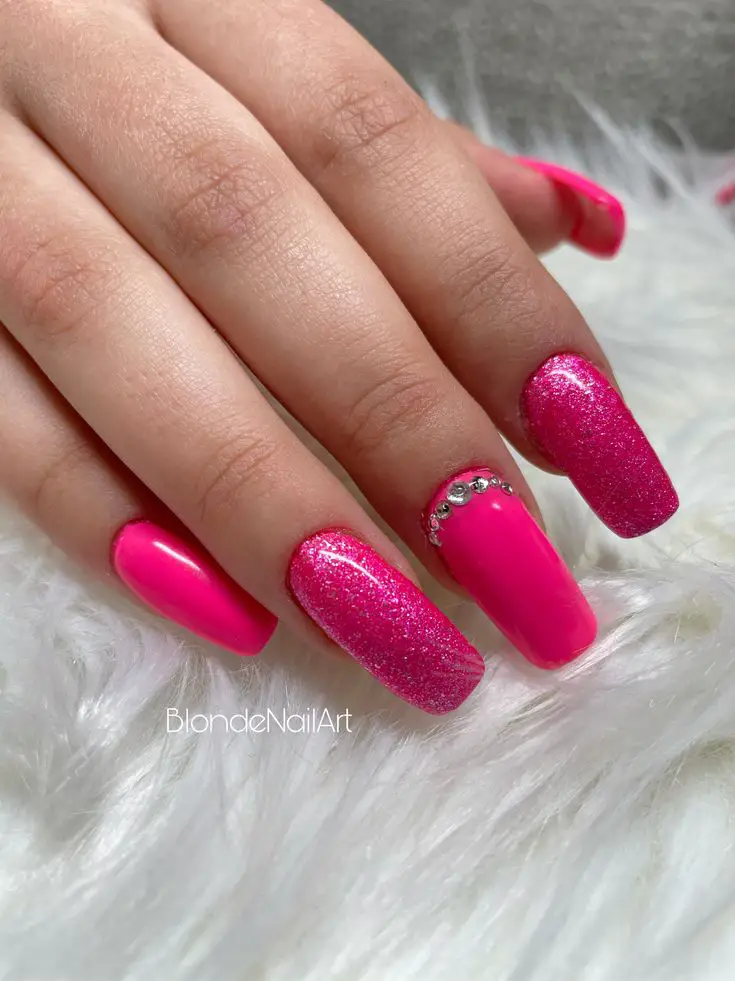 Hot Pink Nails with Diamond and Glitter