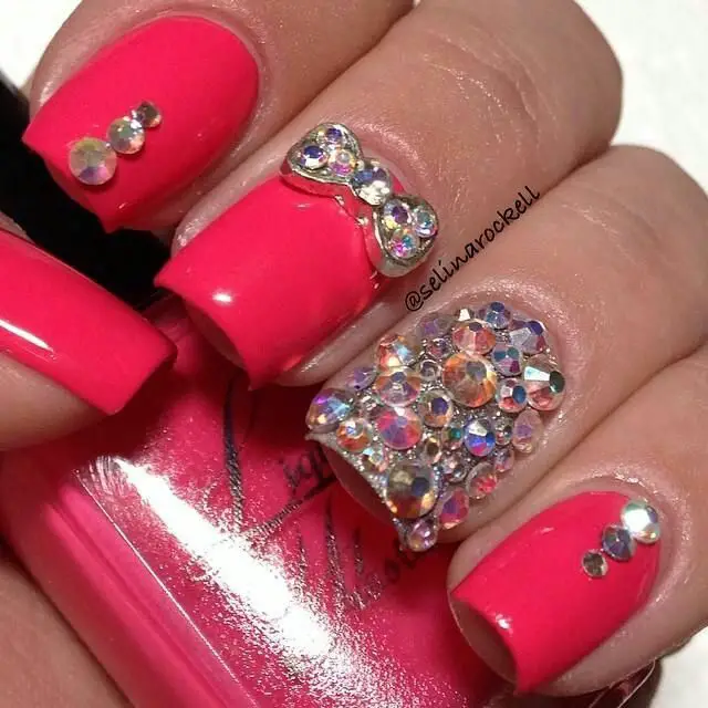 Hot Pink and Diamond Bow Nails