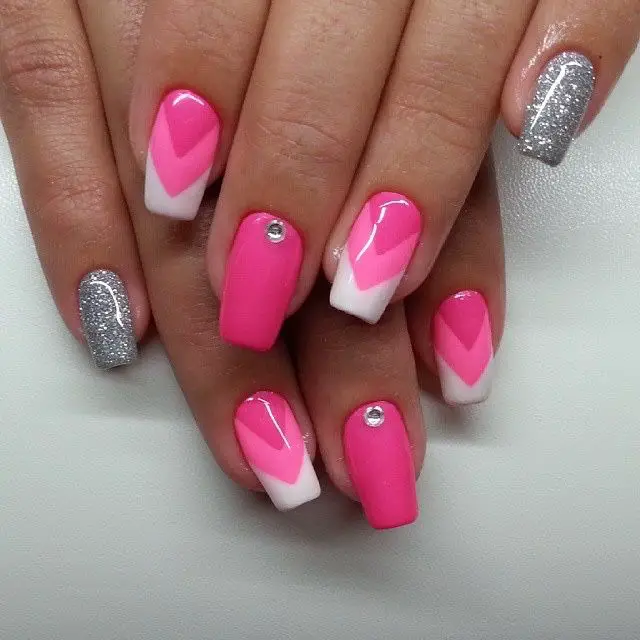 Hot Pink with Diamond Nail art for short nails