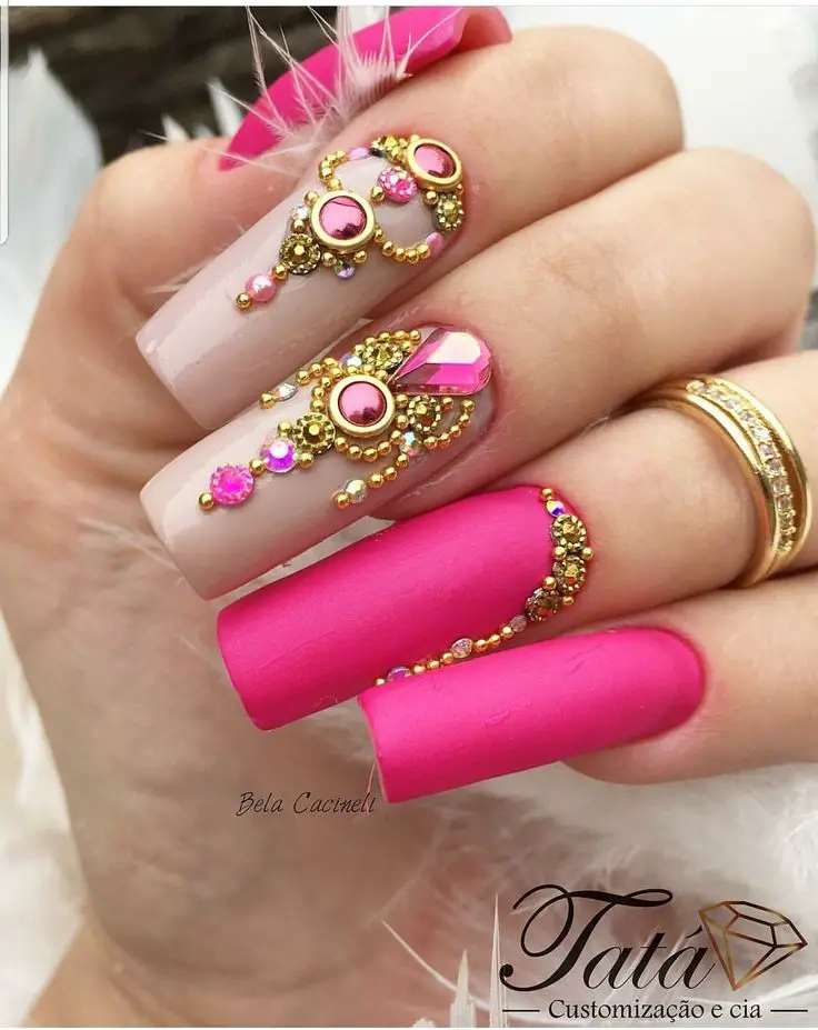 Pink and Gold Diamond Glamour Nails