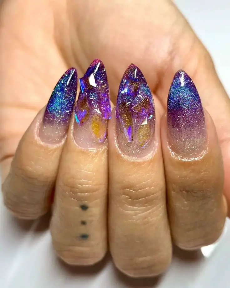 Purple and Gold Galaxy Nails
