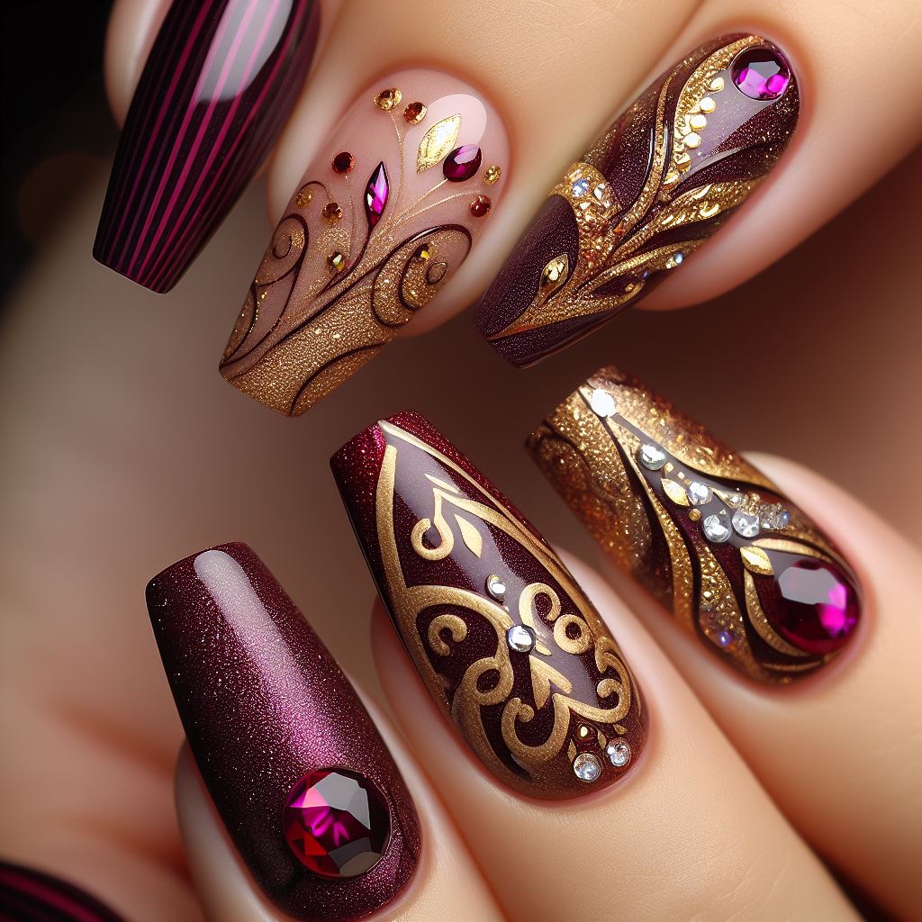 Burgundy Matte Nails with Gold Embellishments
