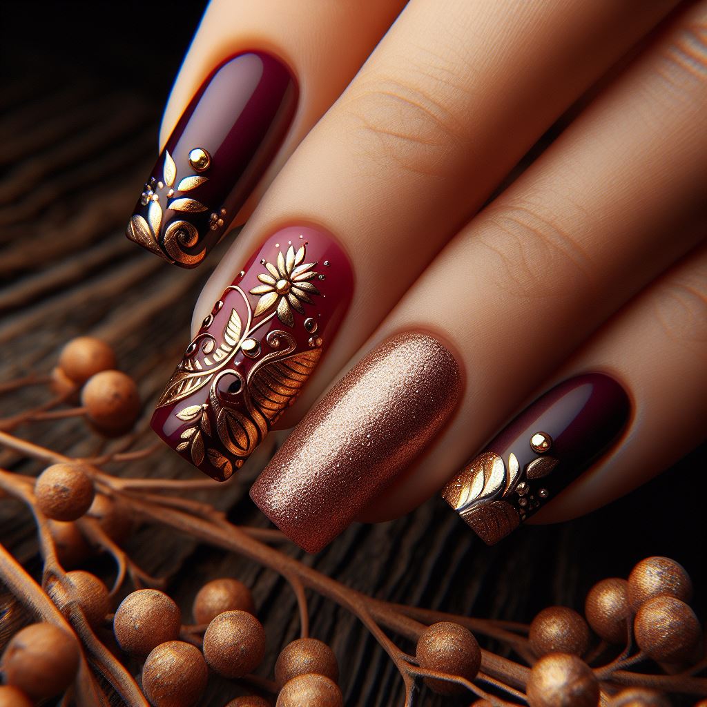Burgundy and Gold Floral Nails