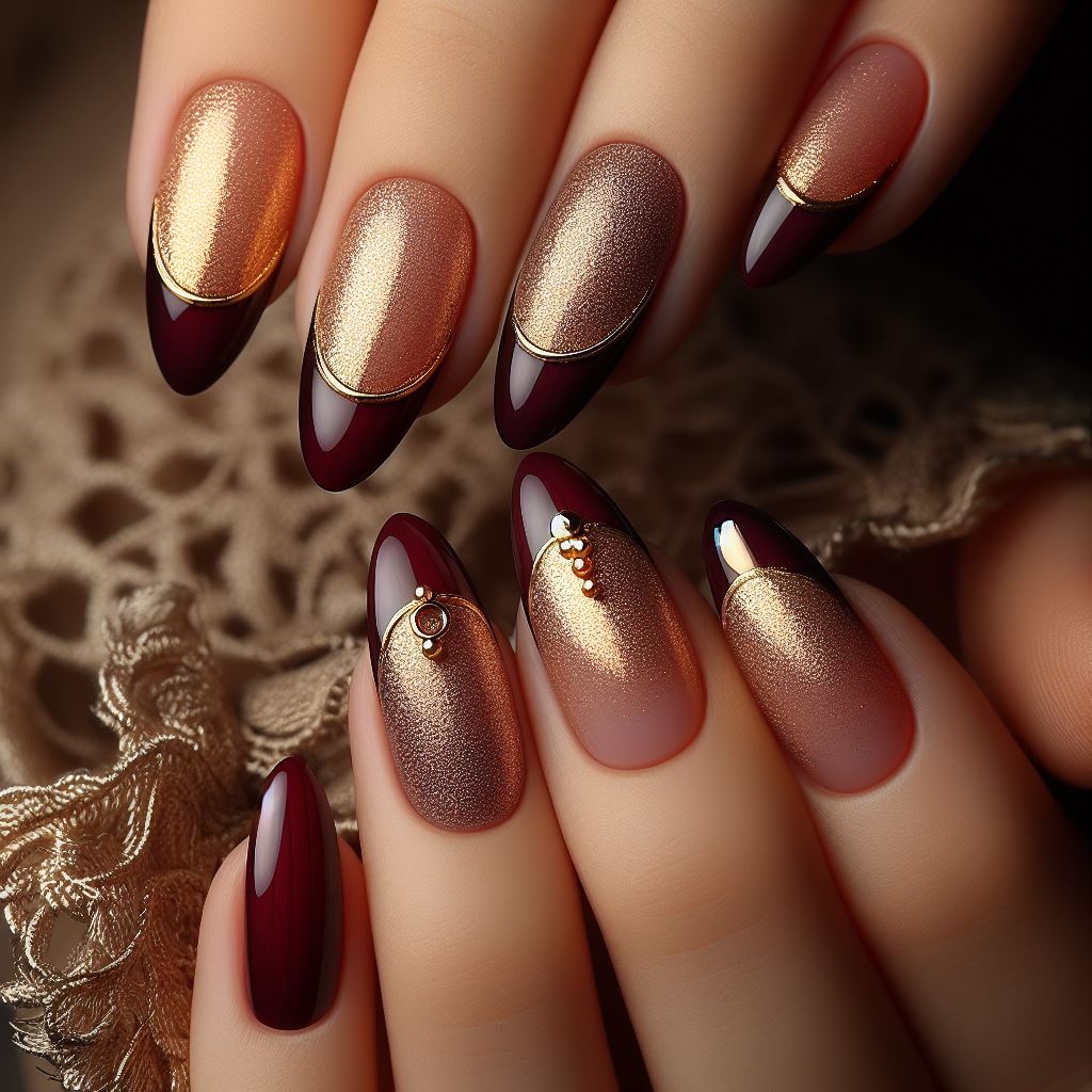 Burgundy and Gold French Tips - NN