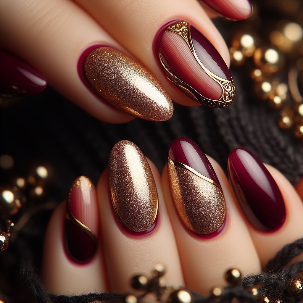 Burgundy and Gold Marble Nails
