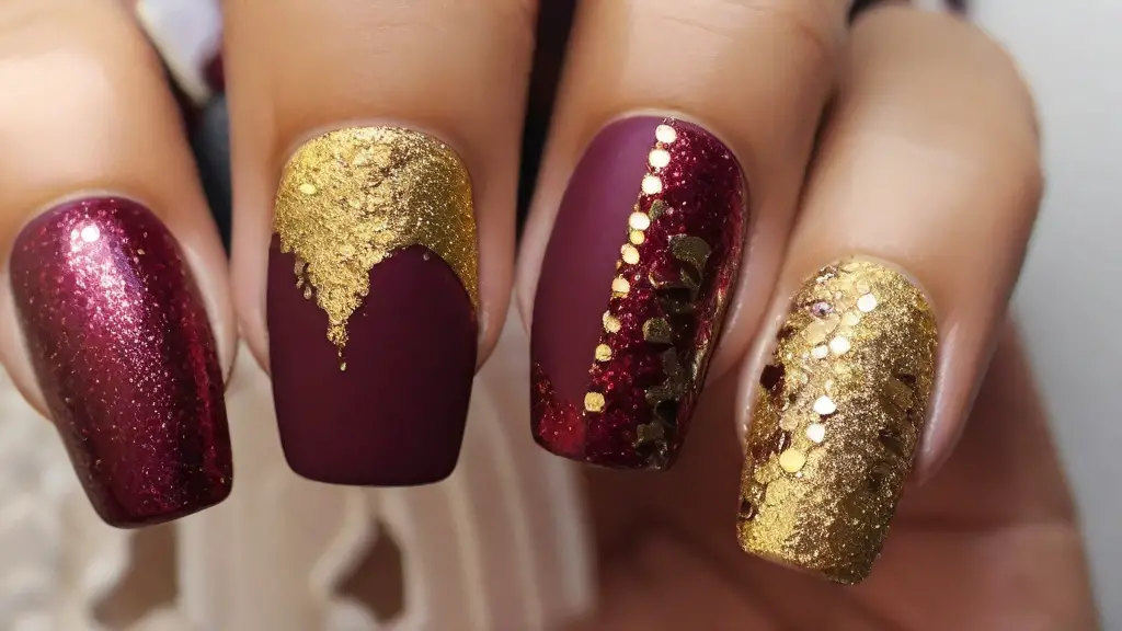 Burgundy and Gold Nails with Glitter