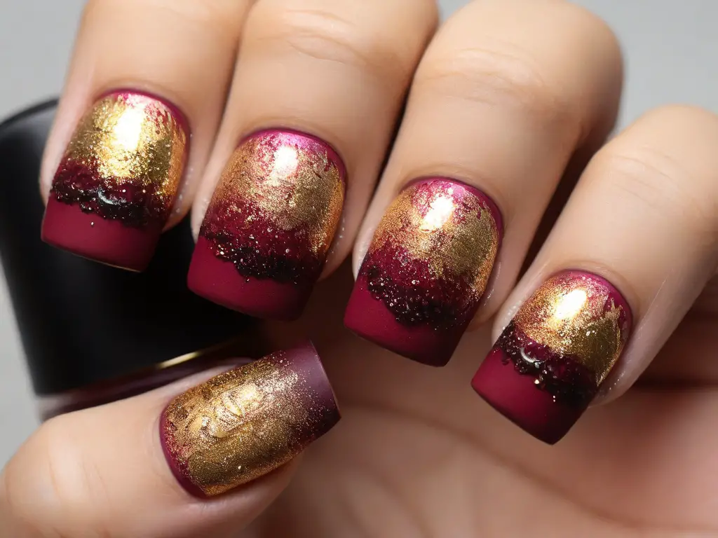 Burgundy and Gold Ombré Nails