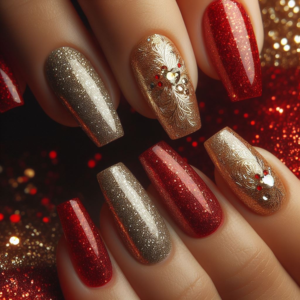 Classic Red and Gold Glitter Nails