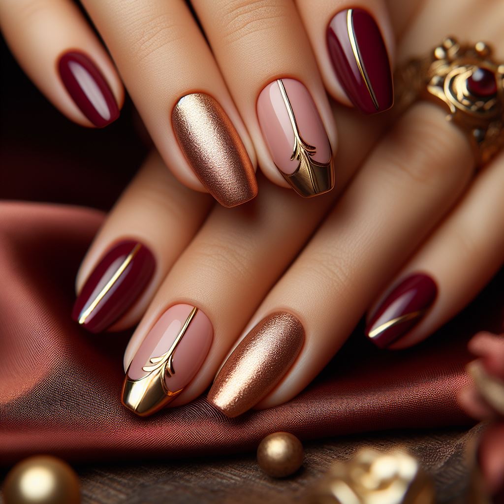 Gorgeous Burgundy and gold nails - thenailsnation