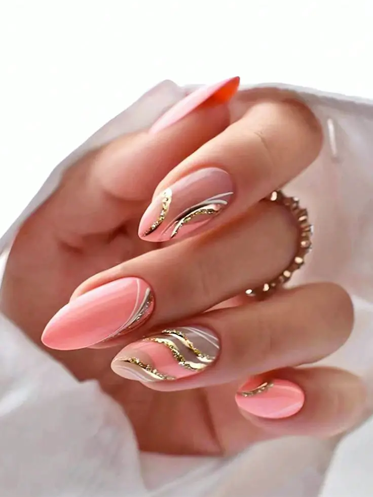 Peach and Gold Glam Nails