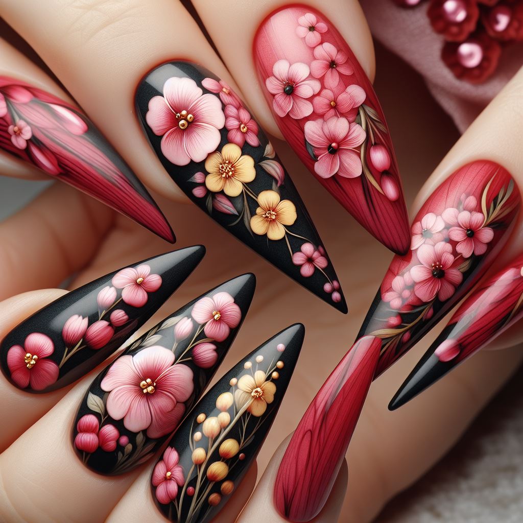 Red Floral Coffin Nails