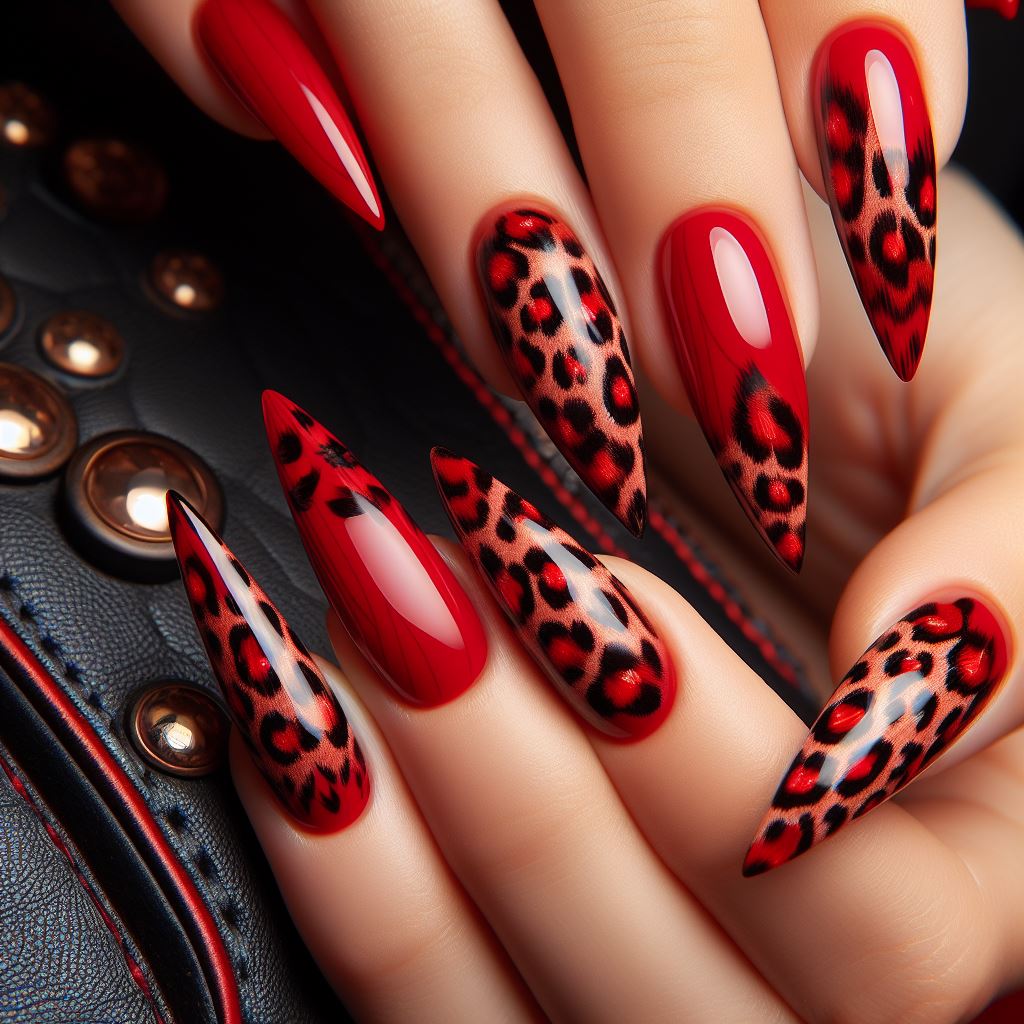 Red Leopard Print coffin nails