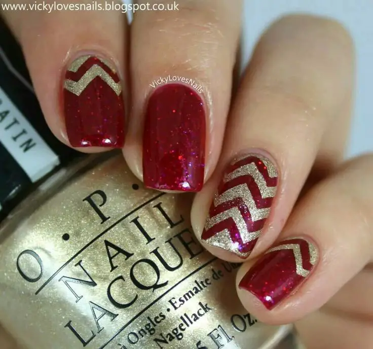 Red and Gold Chevron Nails