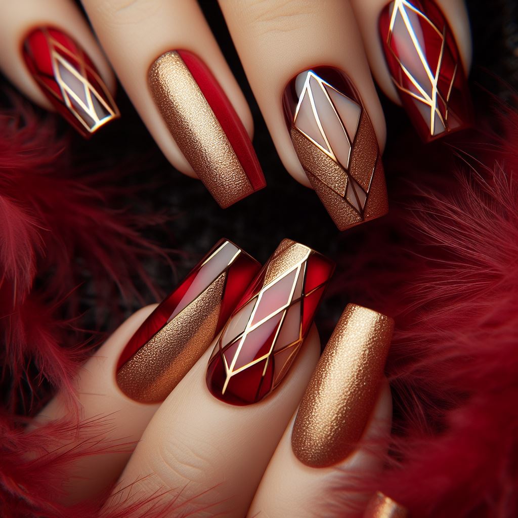 Red and Gold Geometric Nails
