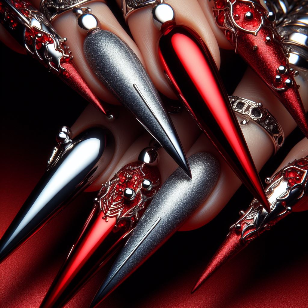 Red and Silver Chrome Coffin Nails