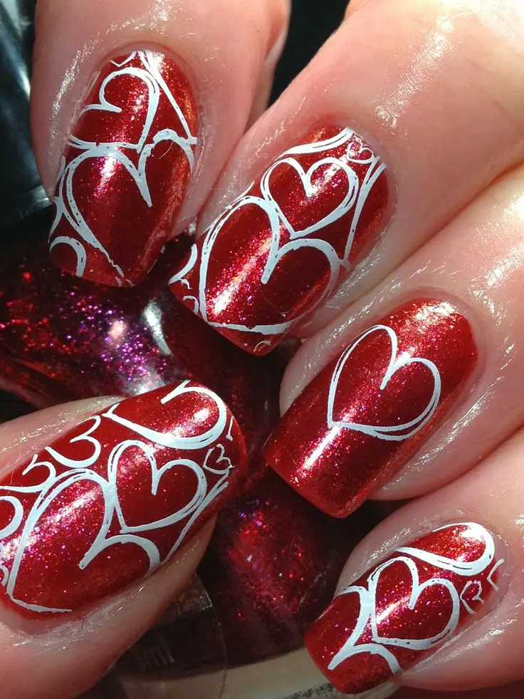 Red and Silver Heart Nails