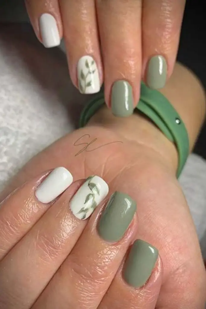 Short White and Green Nails