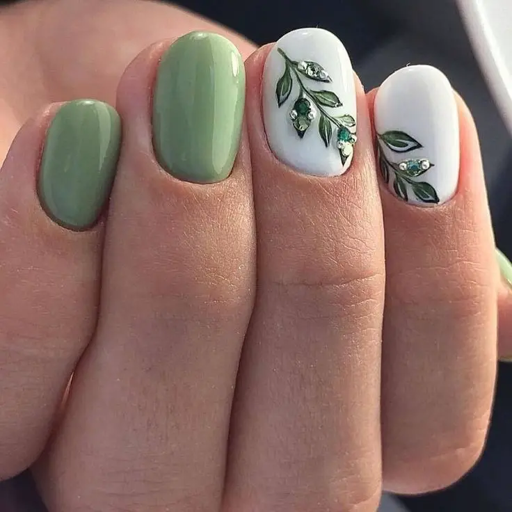 White and Green Botanical Nail Design