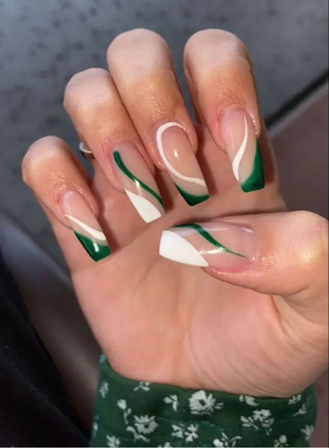 White and Green Geometric Nails