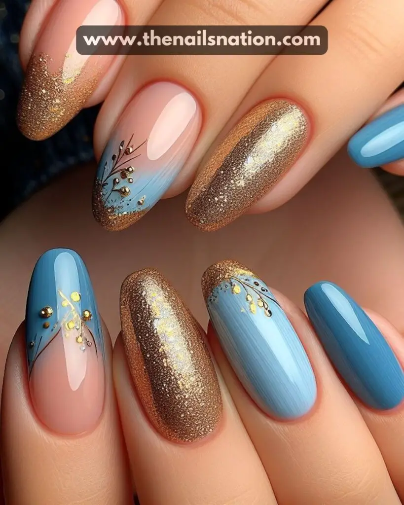 Blue and Gold Classic French Manicure
