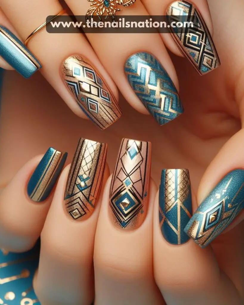 Blue and Gold Geometric Patterns Nails