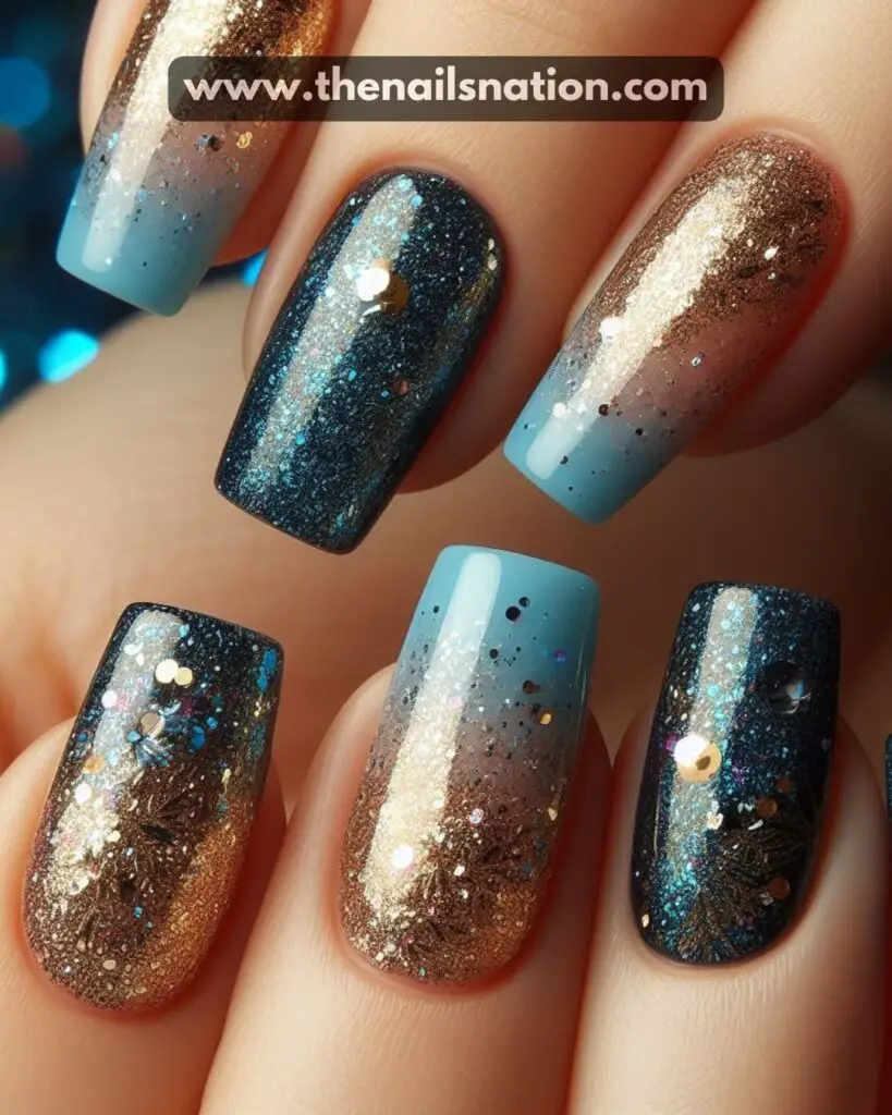 Blue and Gold Glitter Gradient Nails