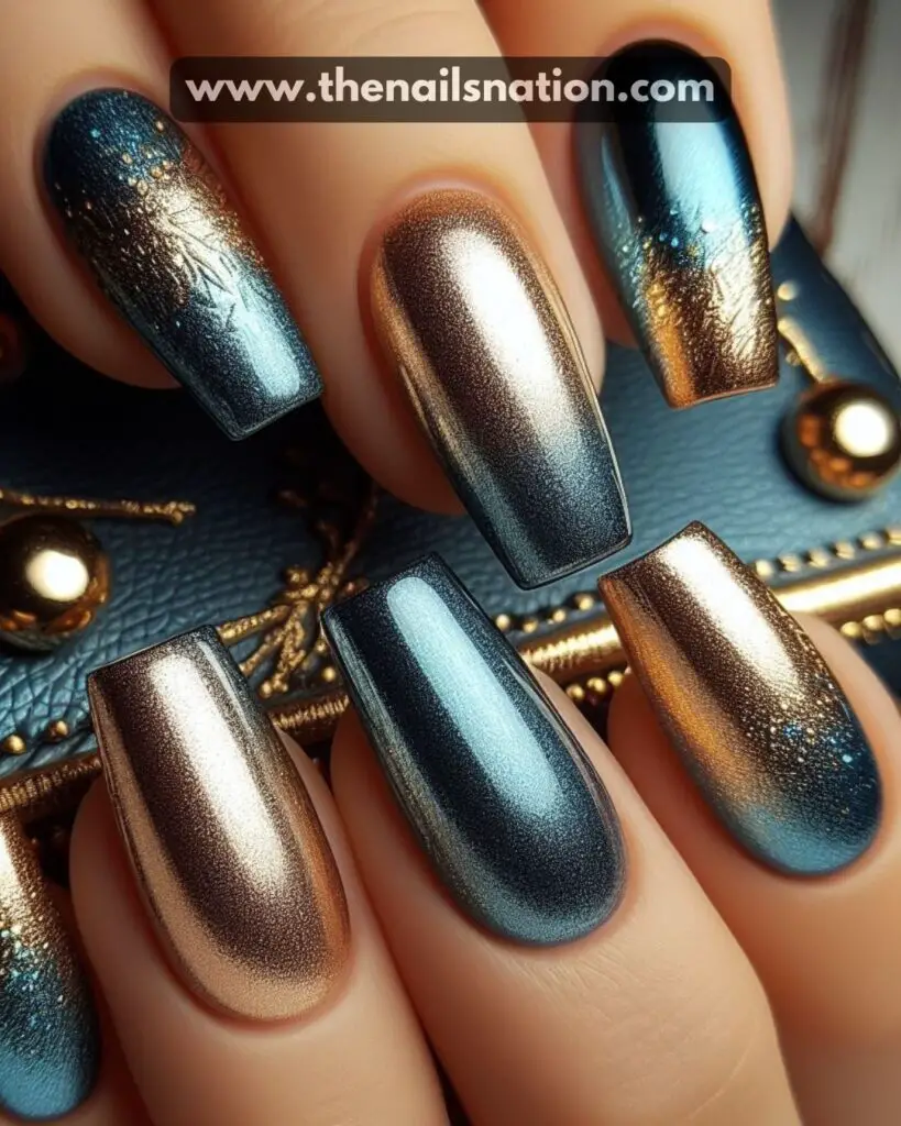 Blue and Gold Metallic Ombre Nails