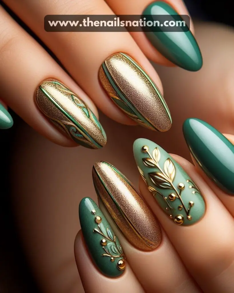 Green and Gold Accent Nail Design