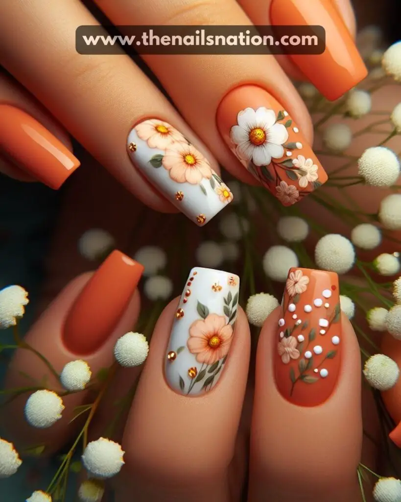 Orange and White Floral Nails rust