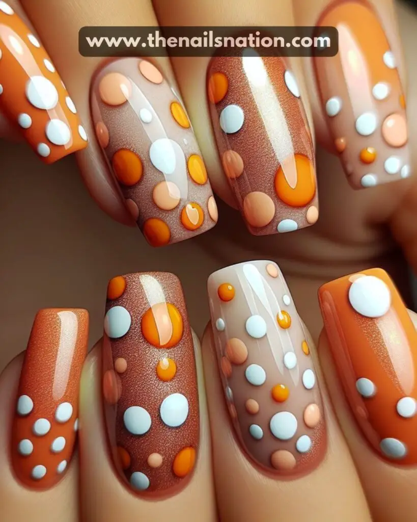 Orange and White Polka Dot Nails style one