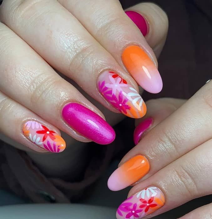 Pink and Orange Floral Nails