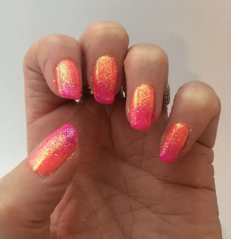 Pink and Orange Nails with Glitter