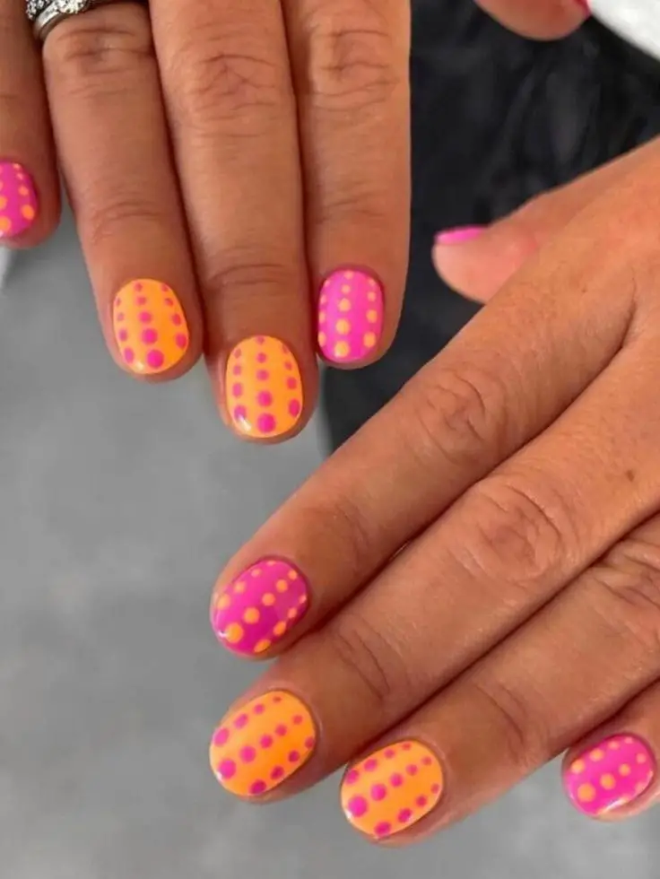 Pink and Orange Polka Dot Nails